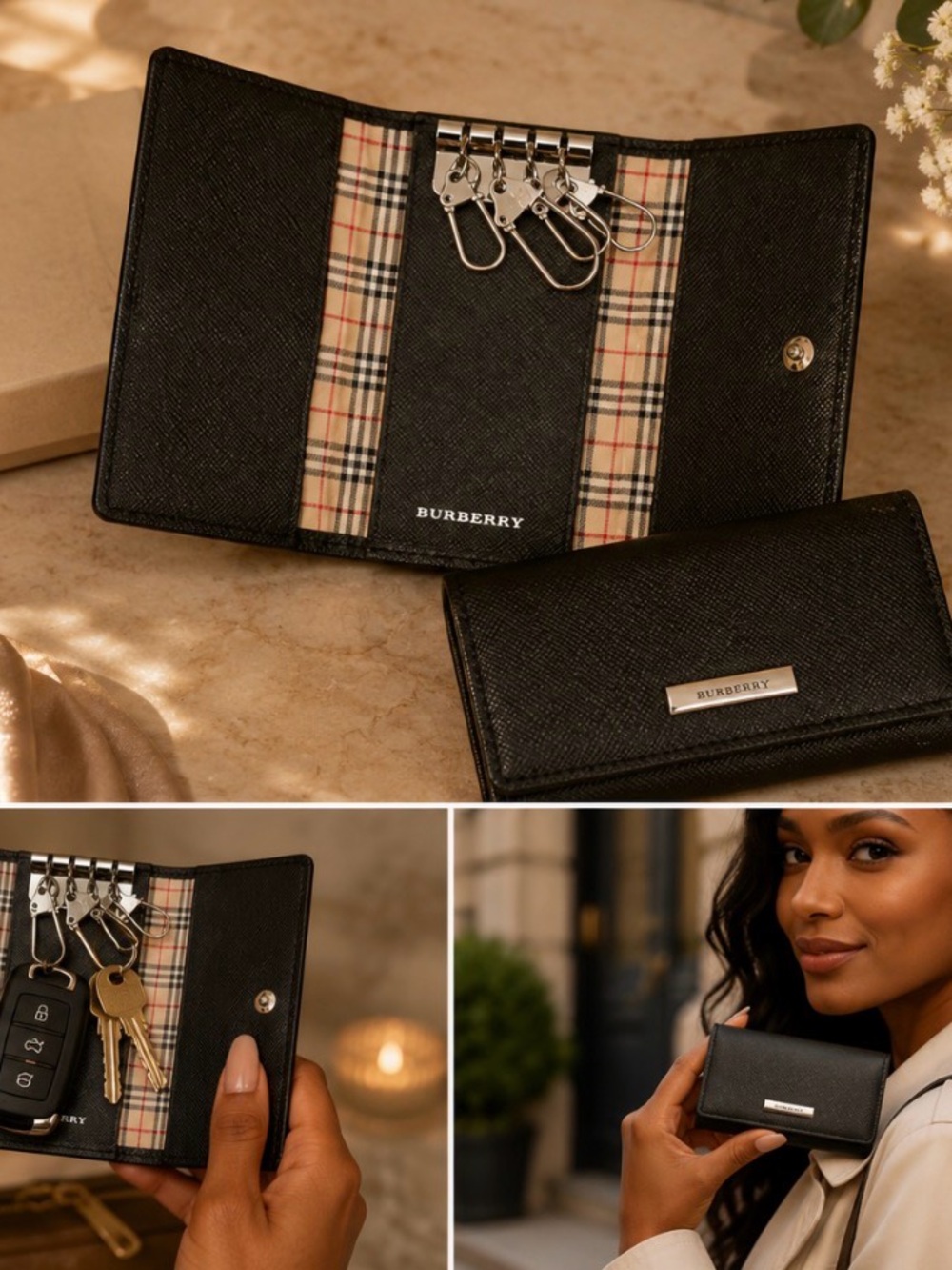 Vintage Burberry Black Leather Signature Key Case